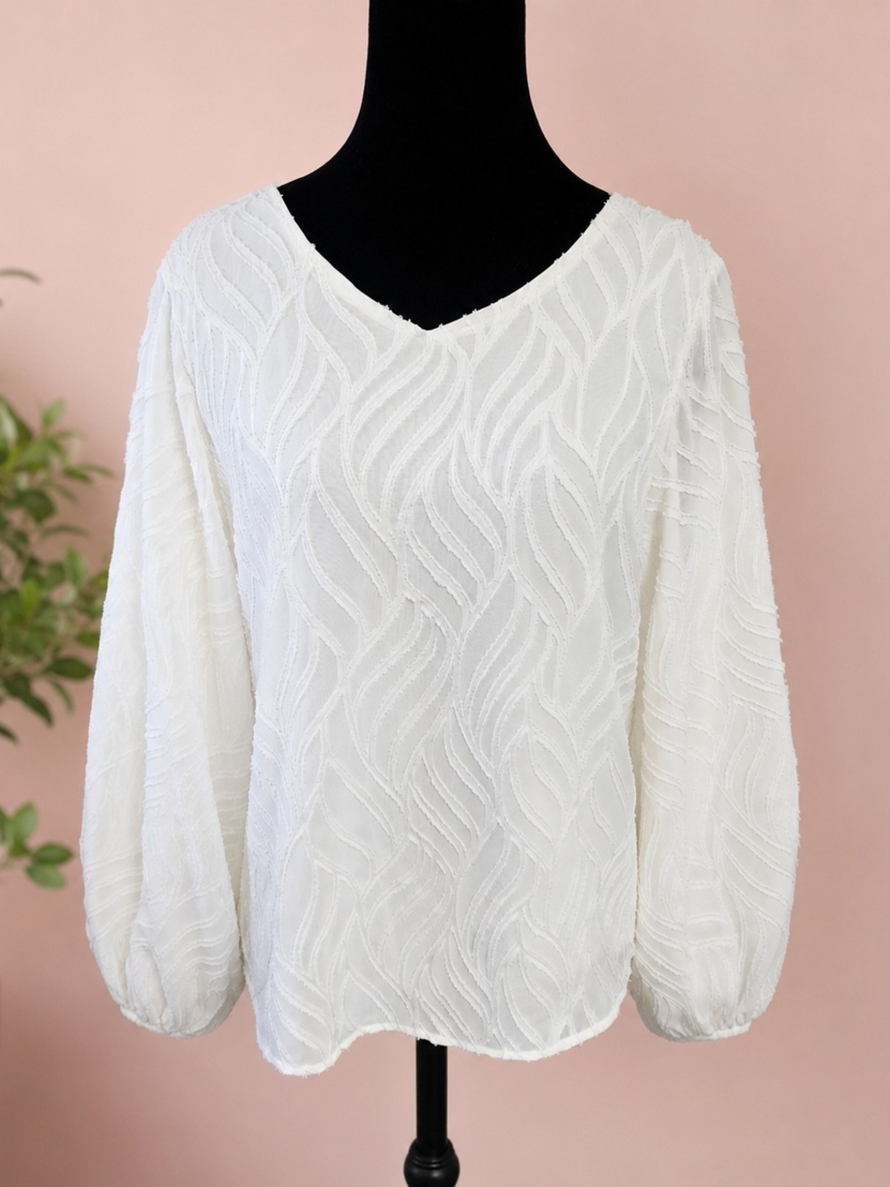 And The Why Cream Textured Sheer Balloon Sleeve Romantic Top Small